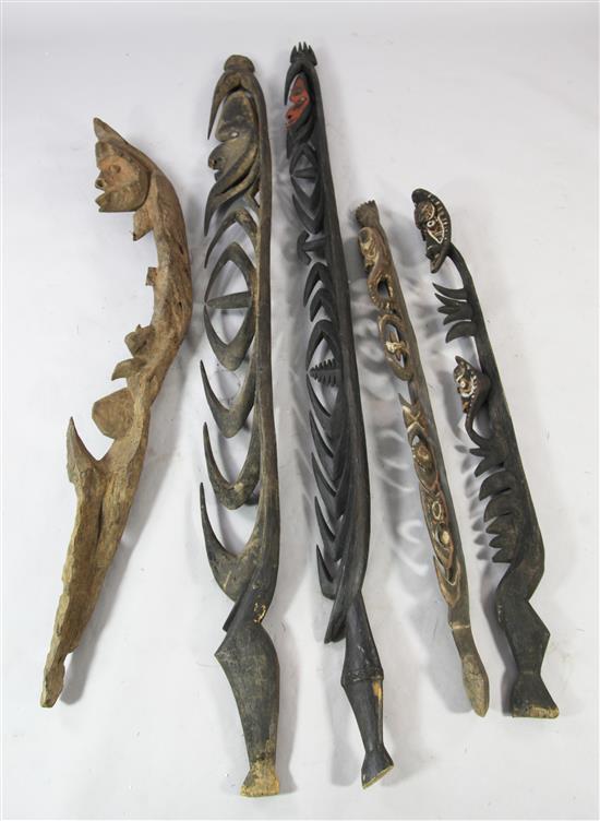 Five Sepik River wooden hook masks